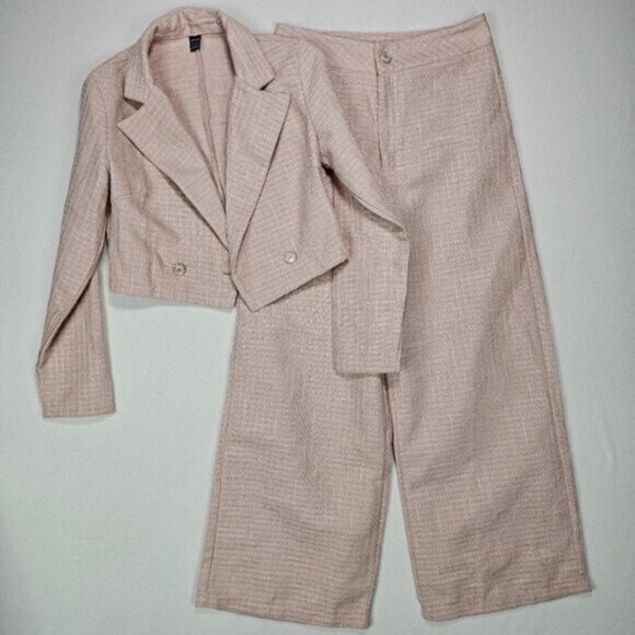 Shein Tweed Two Piece Suit Set Wide Leg Trousers Cropped Blazer Size Medium - Picture 1 of 11